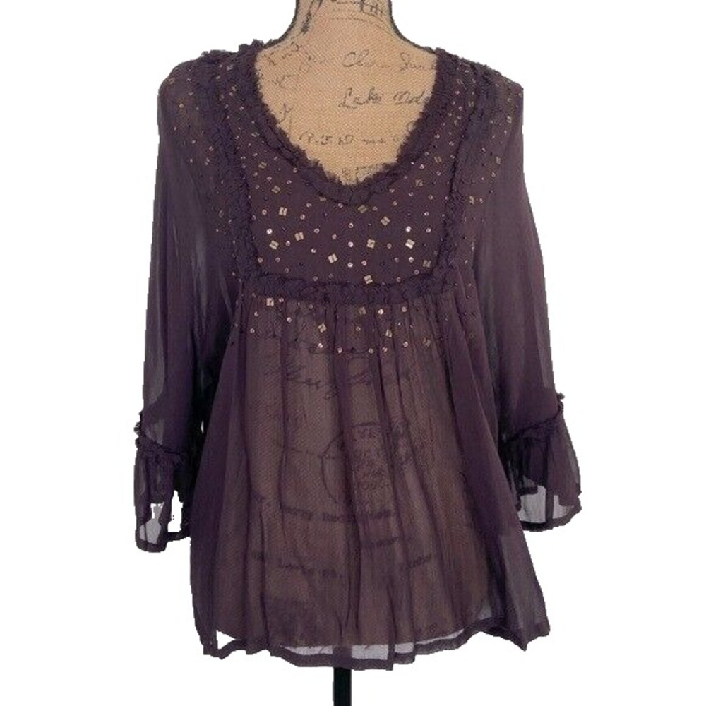 Bila Sheer Chiffon Embellished Babydoll Top Size S Flare Sleeve Color Purple